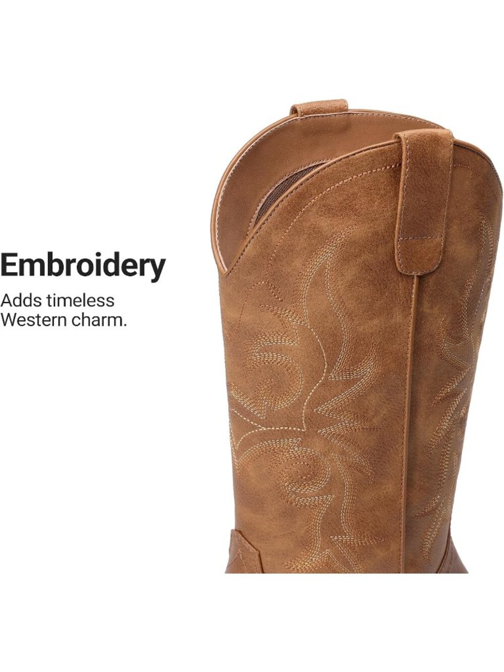 Women's Brown Faux Leather Embroidered Fashion Square Toe Mid Calf Cowgirl Boots - Picture 6 of 7